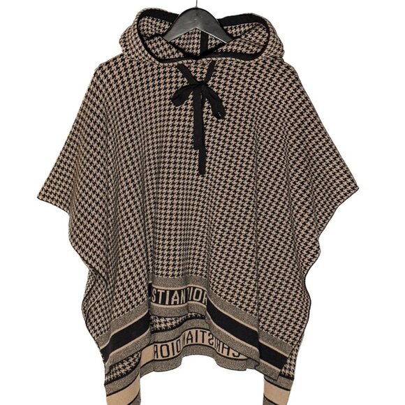 Dior Houndstooth Logo Hooded Cashmere Poncho Sweater - Picture 1 of 8